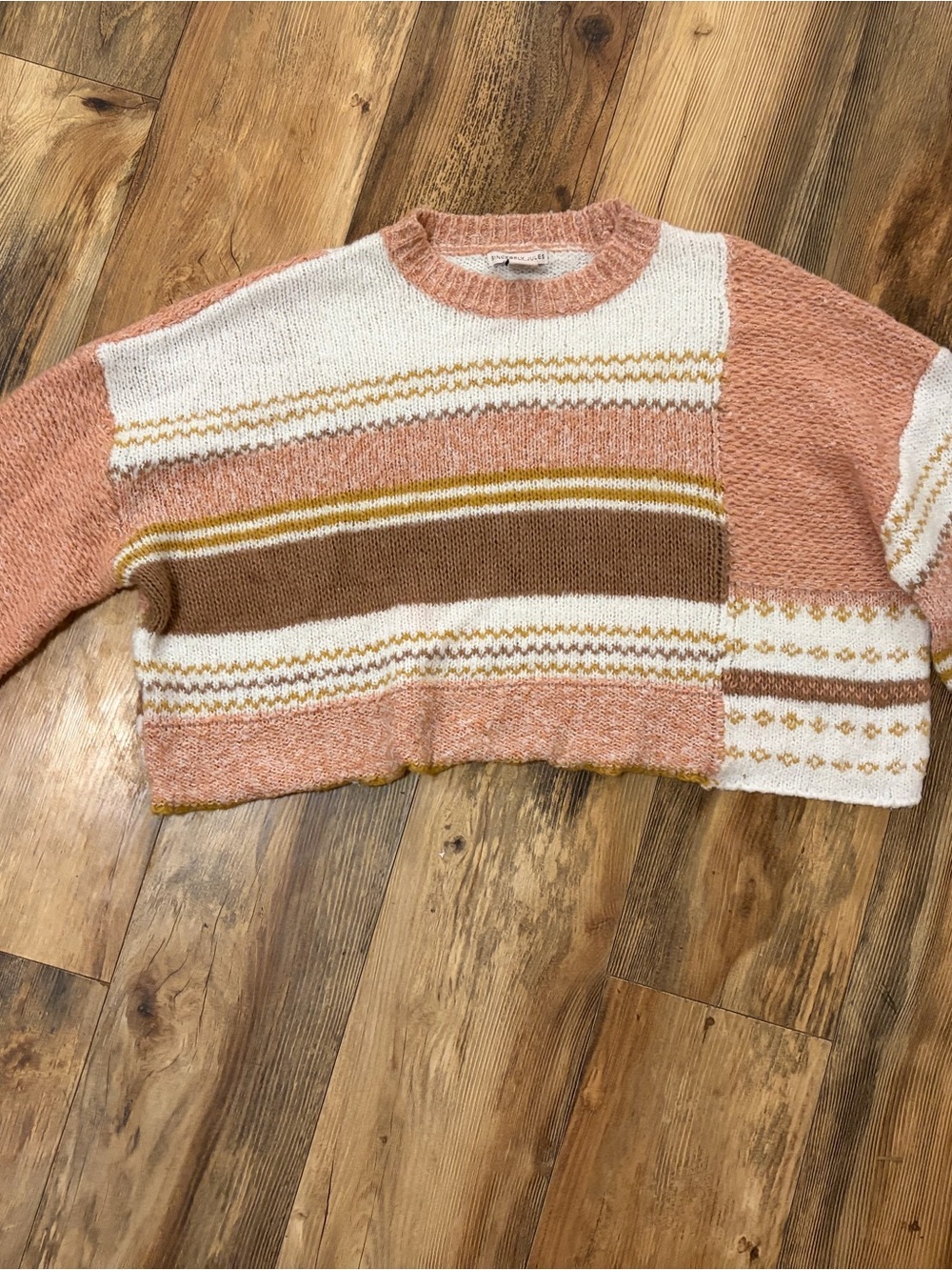 Sincerly Jules Peach, White & Brown Striped Crew Sweater
